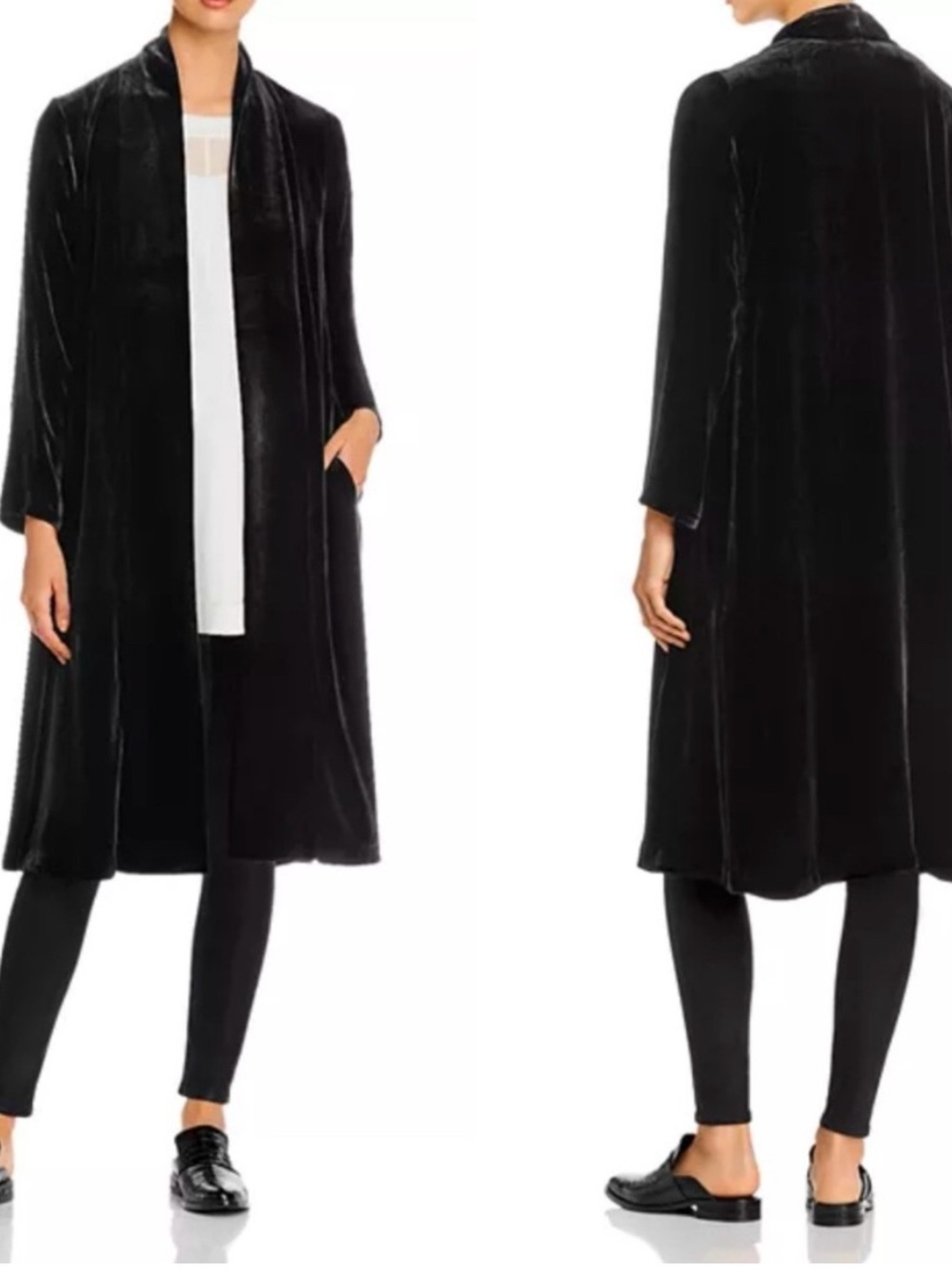 Eileen Fisher Black Shawl Collar Long Open-Front Velvet Duster Jacket